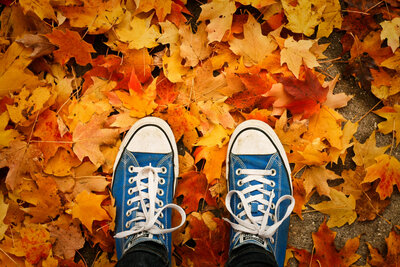 Afbeelding van schoenen in gevallen herfstbladeren